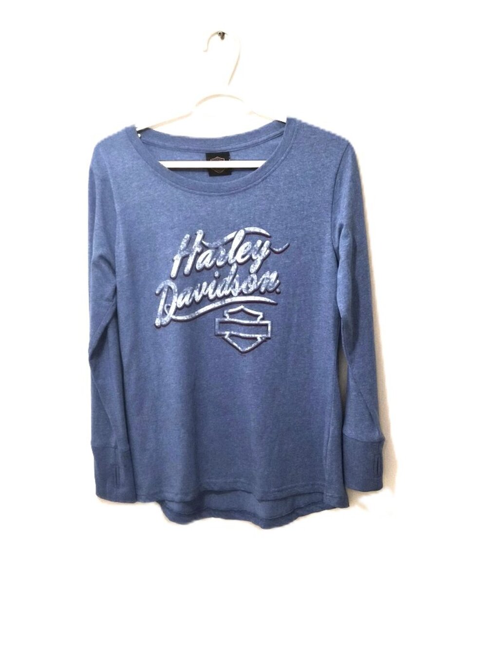 Harley Davidson Yankee HD Long Sleeve Scoop Neck High Low Blue Shirt Bikercore